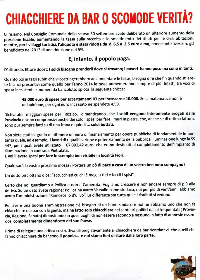 Scontro tra ‘Una mano per Pisciotta’ e Liguori: «Le tasse aumentano per i cittadini e diminuiscono per i villaggi turistici»