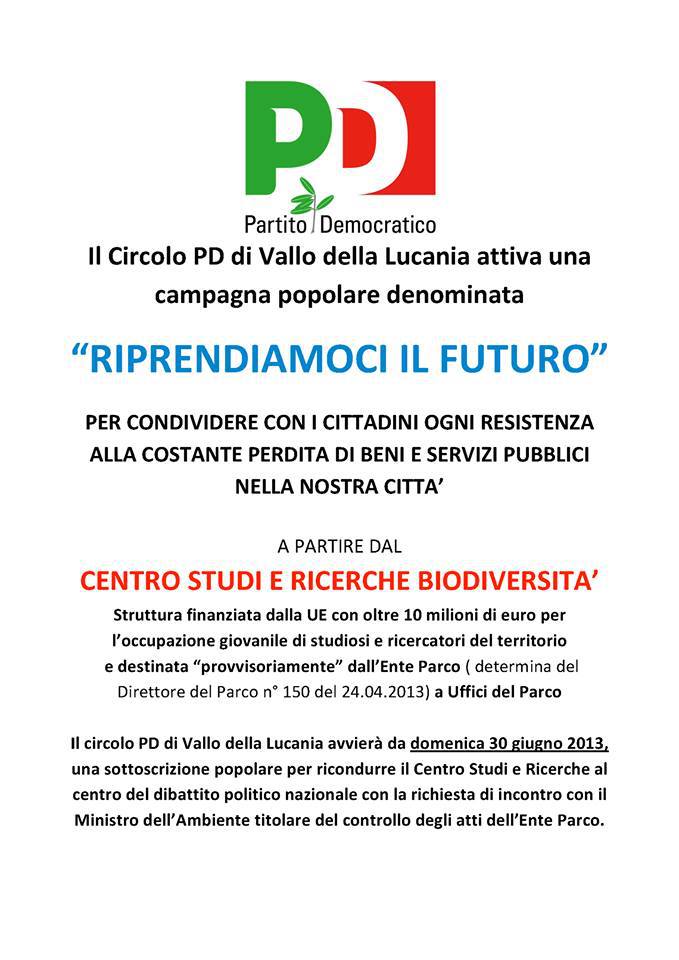 Pd Vallo della Lucania, al via raccolta firme: «Riprendiamoci il nostro futuro»