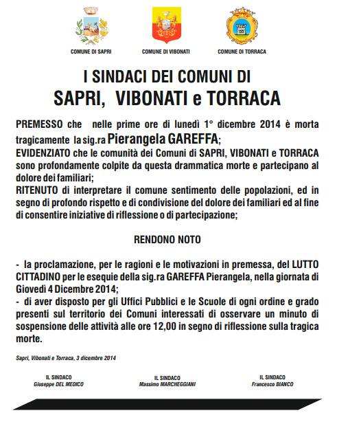 Omicidio di Pierangela Gareffa: i sindaci di Sapri, Vibonati e Torraca proclamano lutto cittadino