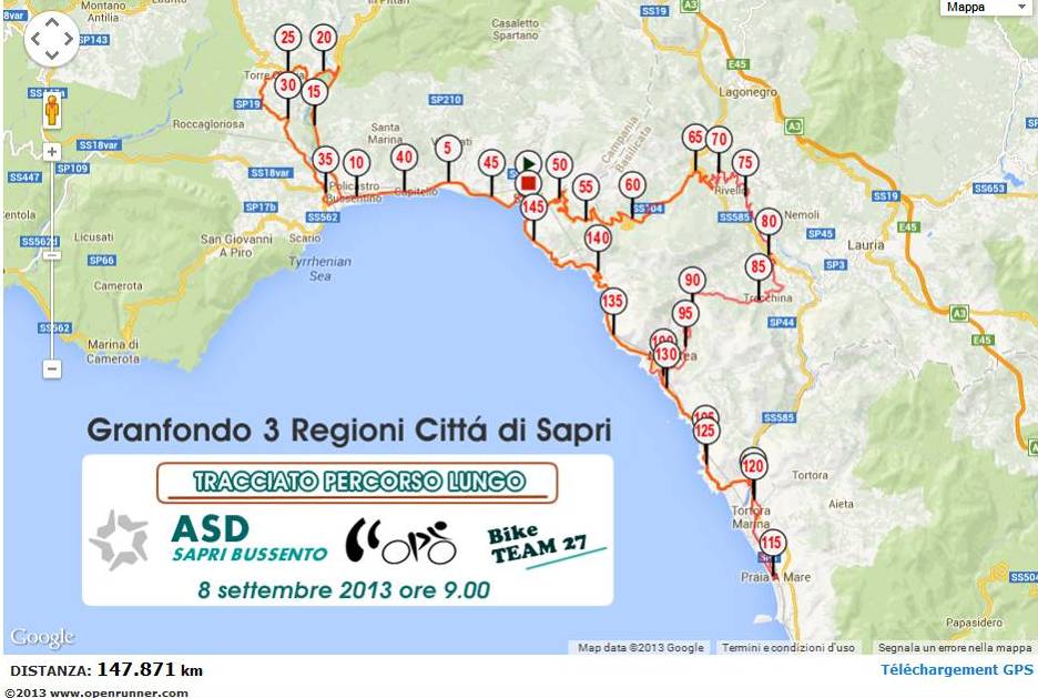 Ciclismo, domenica 8 settembre la Granfondo delle 3 Regioni città di Sapri
