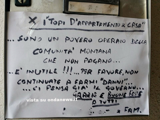 Operaio della Comunità montana lancia appello ai ladri: «Non venite a rubare a casa mia, non mi pagano da mesi»