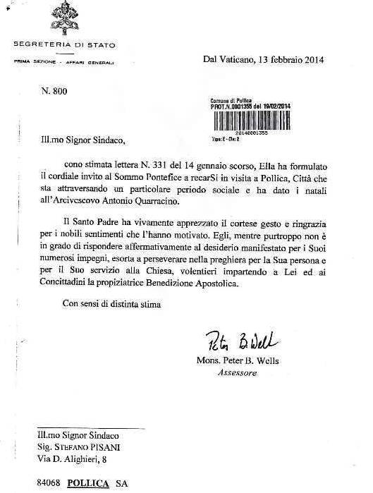 La lettera di Papa Francesco al sindaco di Pollica Pisani: «Esorto a perseverare nella preghiera»