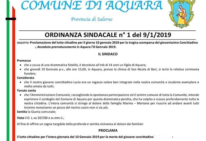 Muore a 14 anni cadendo nel vuoto: lutto cittadino ad Aquara