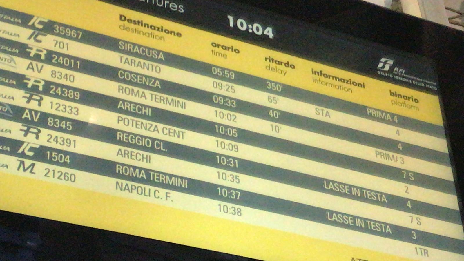 Treni bloccati per il Cilento: ritardi fino a 90 minuti