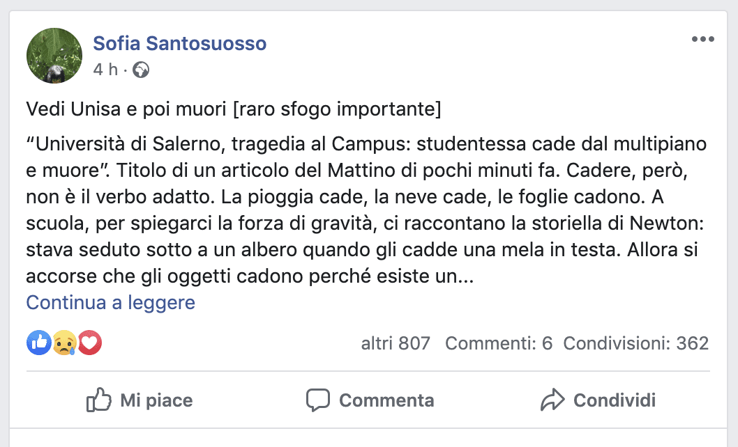 «Vedi Unisa e poi muori»: sfogo studentessa diventa virale dopo suicidio 30enne cilentana