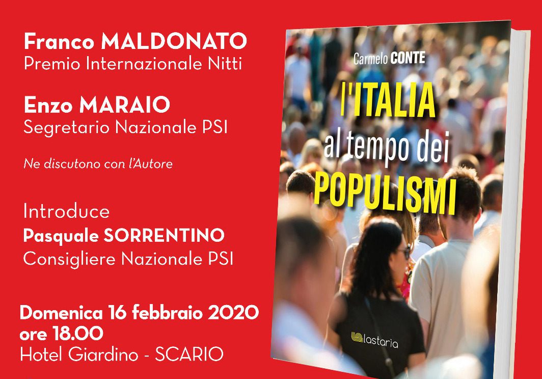 «L’Italia al tempo dei populismi», Carmelo Conte  presenta a Scario l’ultimo libro