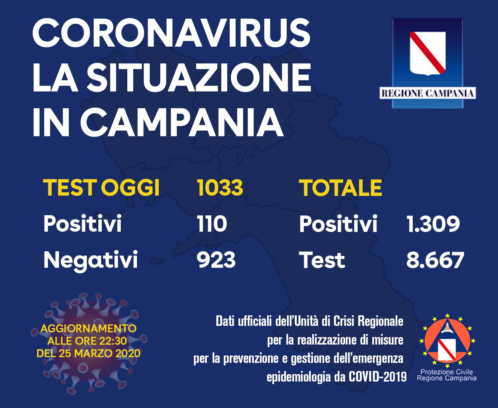 Coronavirus, sono 1309 i casi in Campania