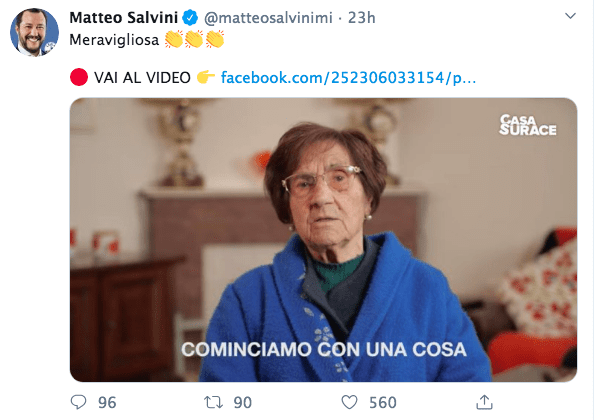 Salvini twitta il video di nonna Rosetta e i consigli sul Coronavirus
