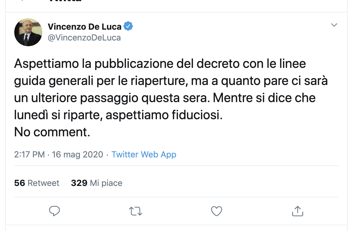 De Luca ‘cinguetta’: «Aspettiamo decreto governo su riaperture»