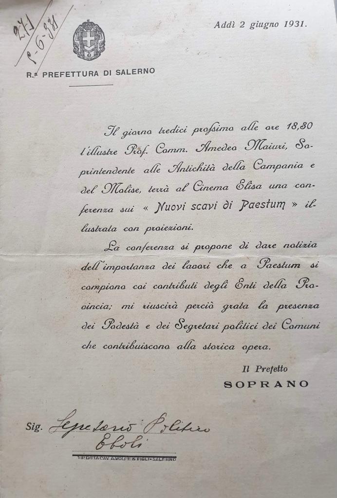 Ritrovato documento degli anni ’30: è l’invito alla conferenza di Amedeo Maiuri sui nuovi scavi di Paestum