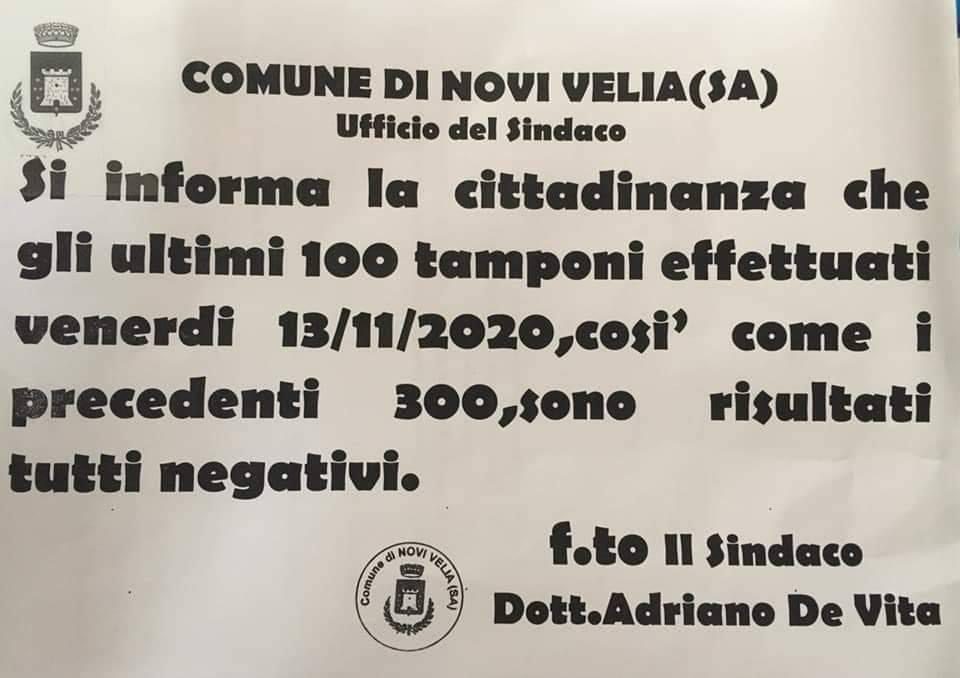 Covid Novi Velia: 400 tamponi, tutti negativi