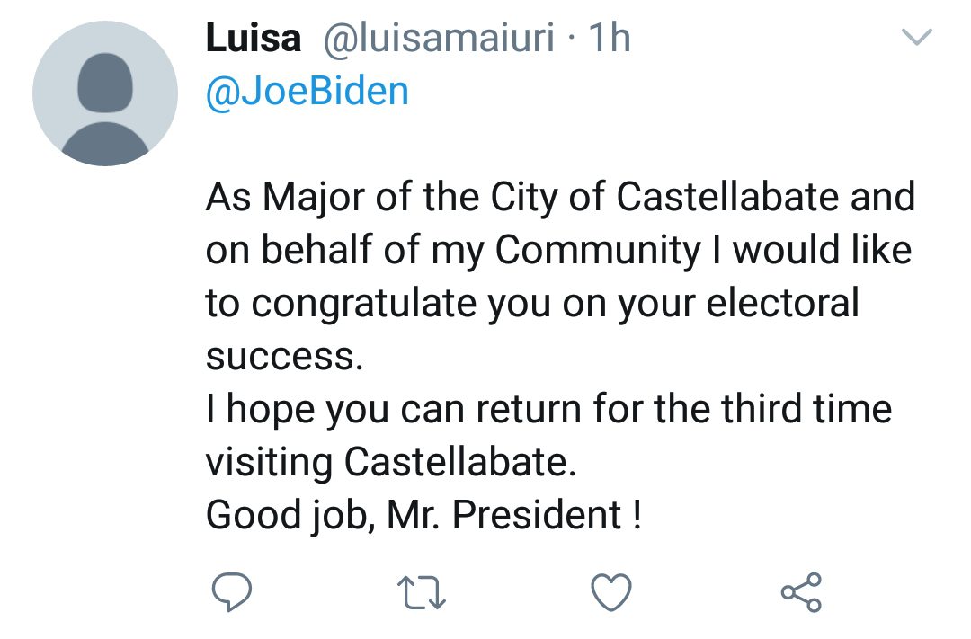 Elezioni Usa, dal sindaco Castellabate tweet a Biden: «Spero che torni»