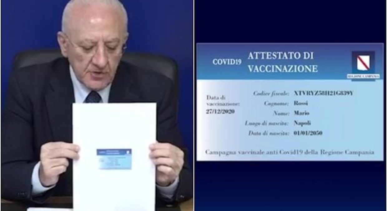 Vaccino, De Luca: «Campania darà card di avvenuta certificazione»