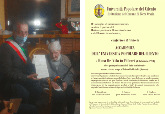 Nomina ad Accademica a Rosa De Vita, a 110 anni è la più longeva del Cilento