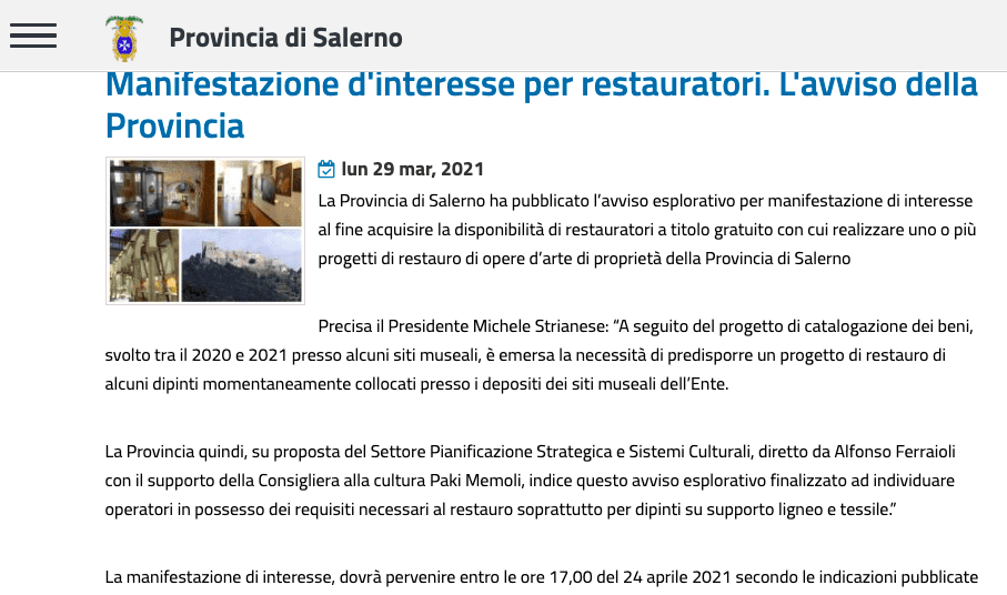 La Provincia di Salerno cerca restauratori che lavorino gratis