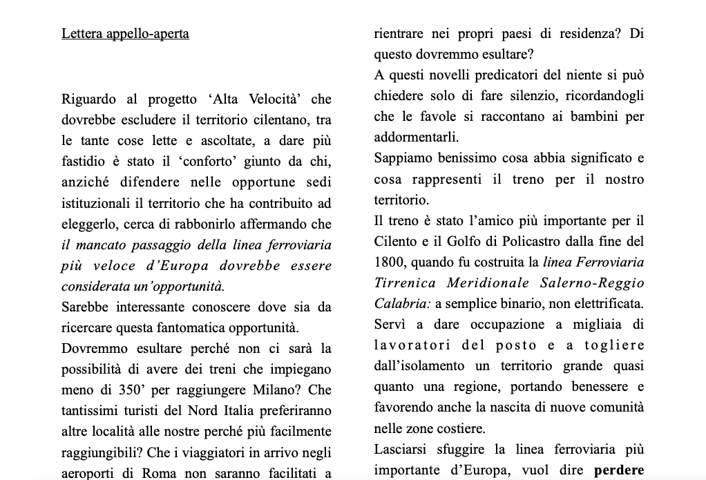 Lettera appello sul progetto alta velocità nel Cilento: «Si pensi a una stazione tra Torre Orsaia e Policastro»