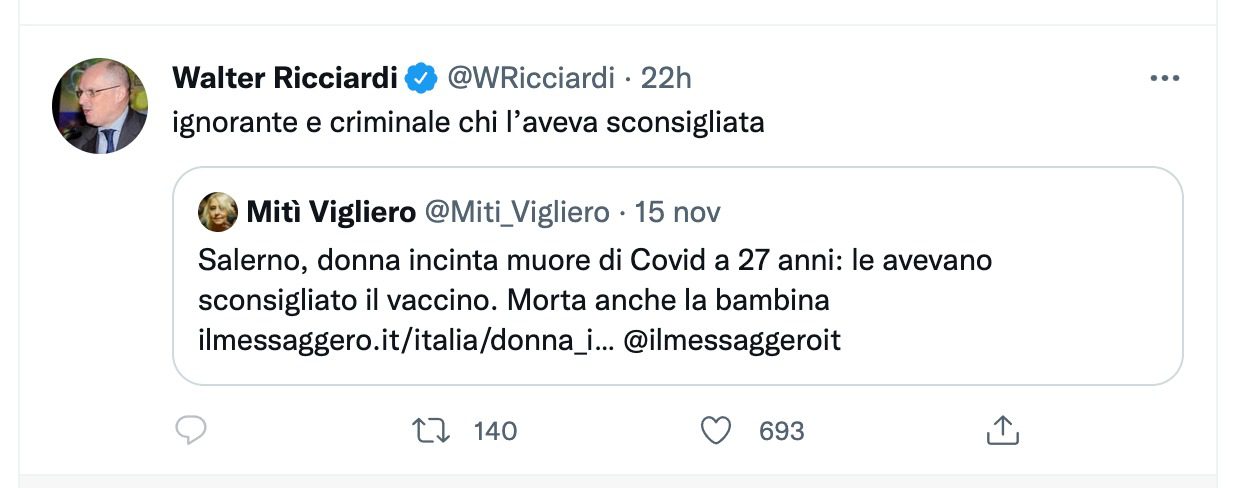 Walter Ricciardi su morte di Antonietta: «Ignorante e criminale chi l’aveva sconsigliata»