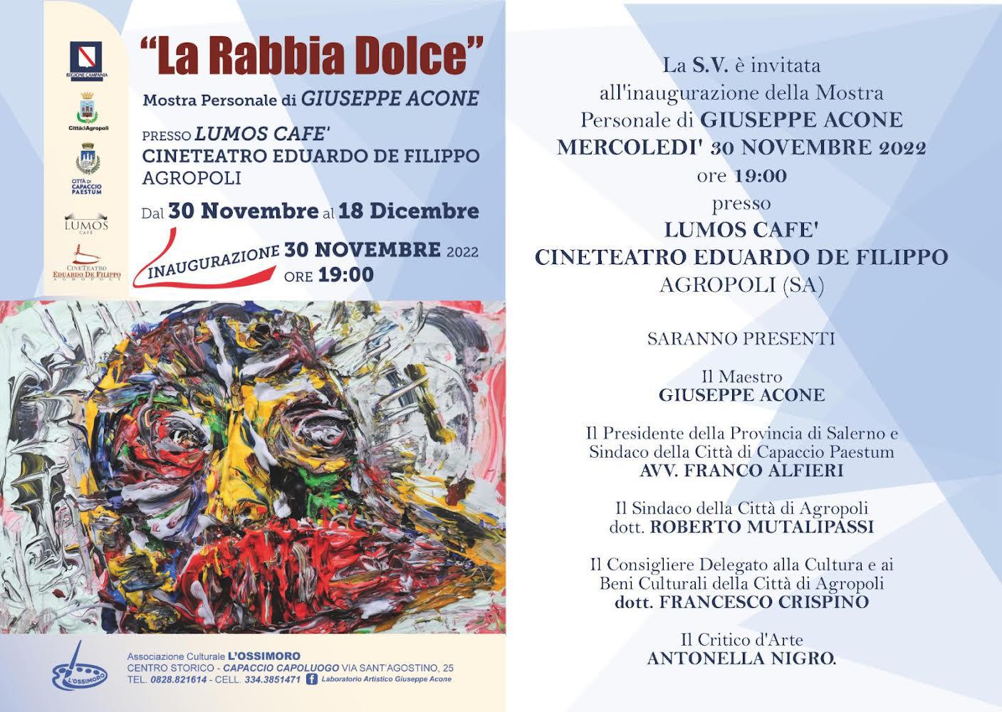 “La Rabbia Dolce”, la personale di Giuseppe Acone in mostra al Cineteatro di Agropoli