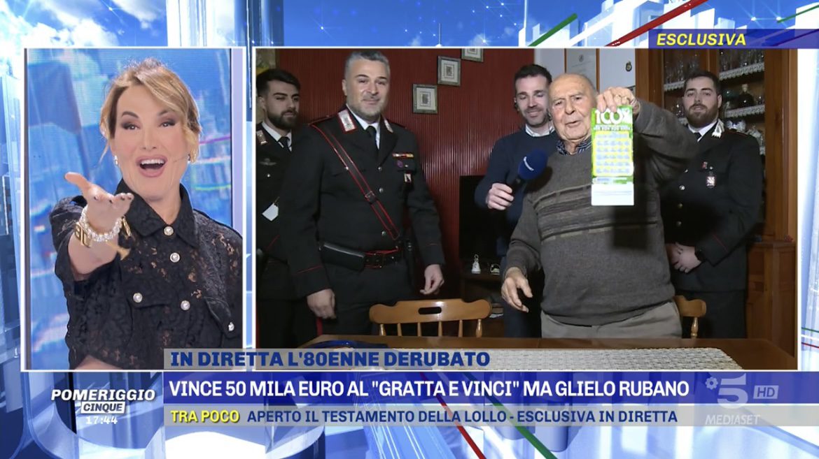 A Pomeriggio 5 l’anziano di Vibonati derubato del «gratta e vinci»: carabinieri lo riconsegnano