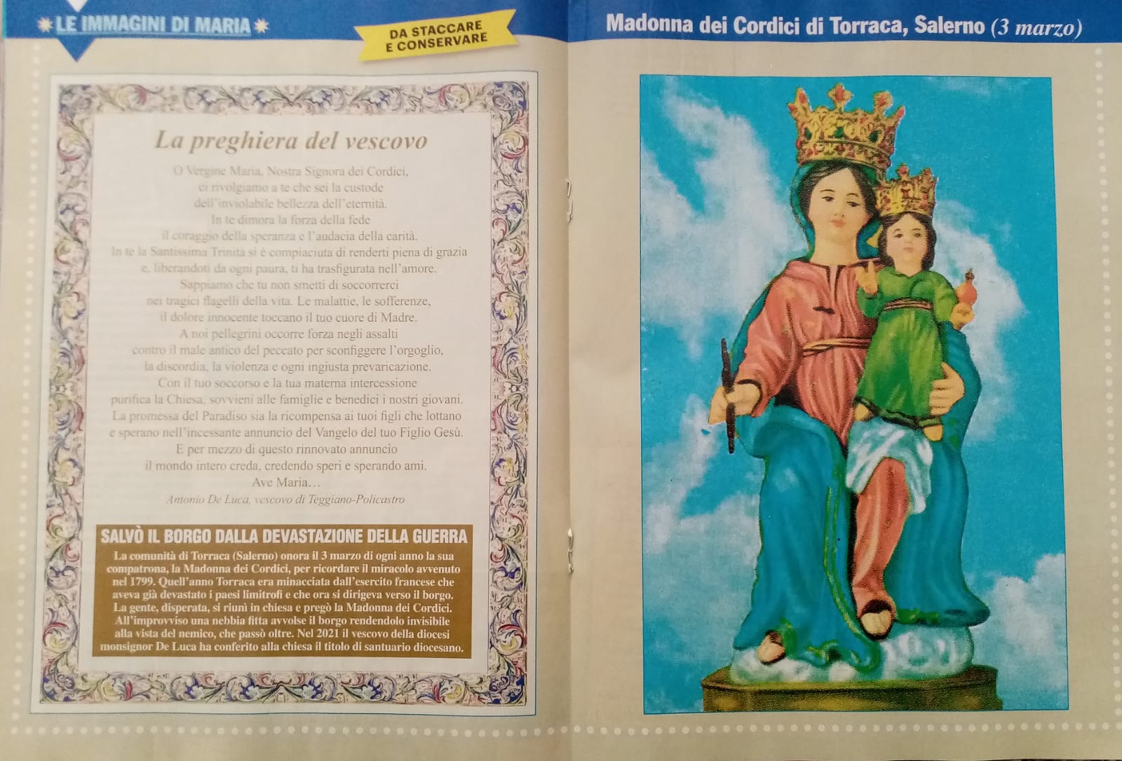 L’inserto della rivista «Maria con te» dedicato alla Madonna dei Cordici di Torraca