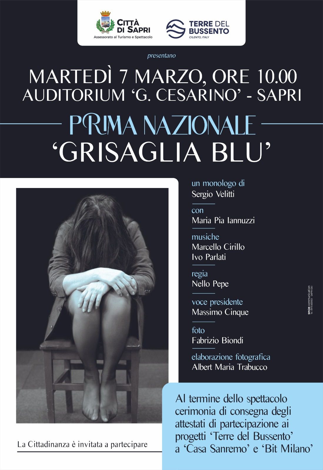 «Grisaglia Blu», a Sapri la messa in scena del monologo in prima nazionale