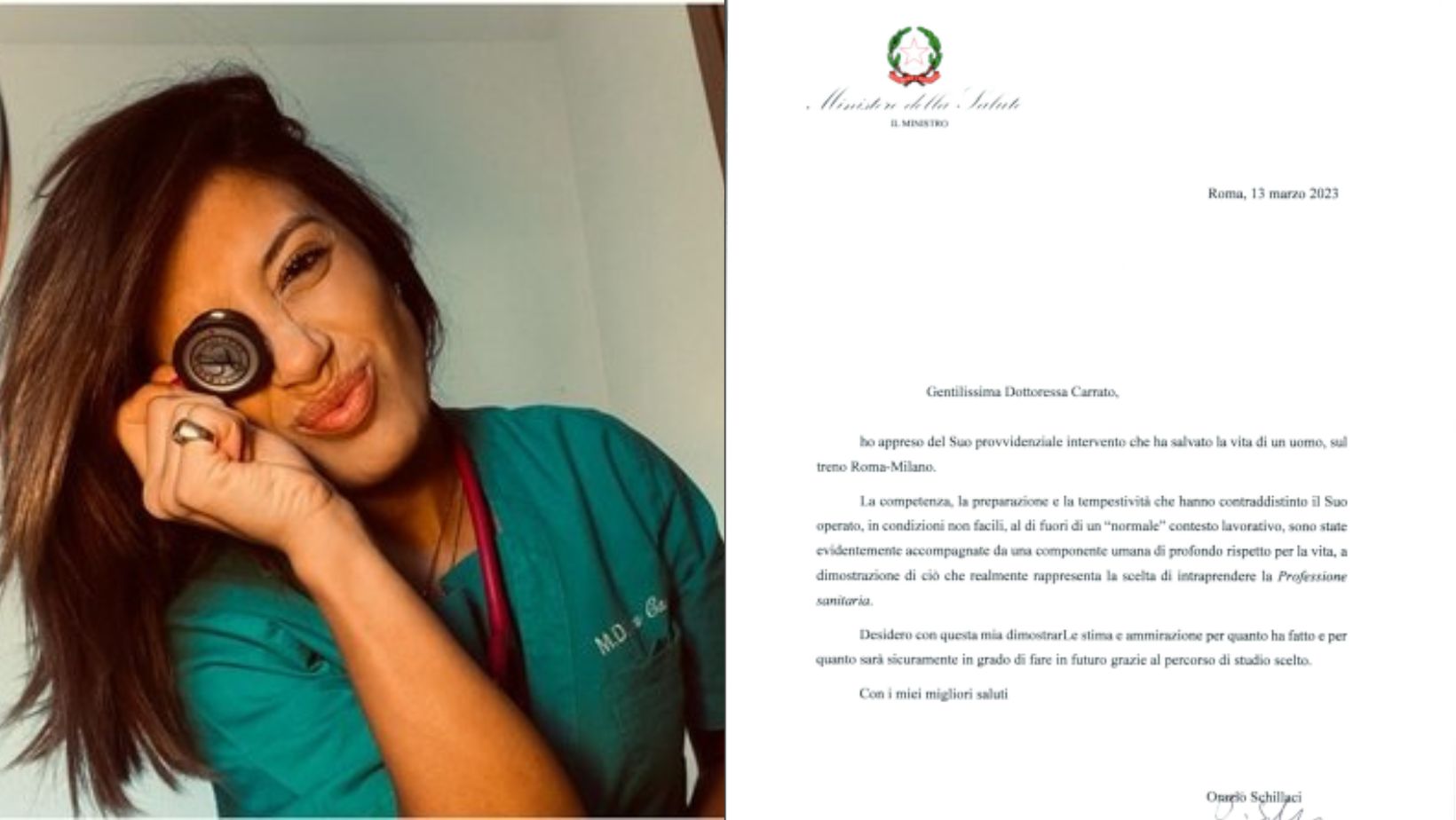 Salva la vita a passeggero, ministro della Salute a Ines Carrato: «Grazie per quanto fatto»
