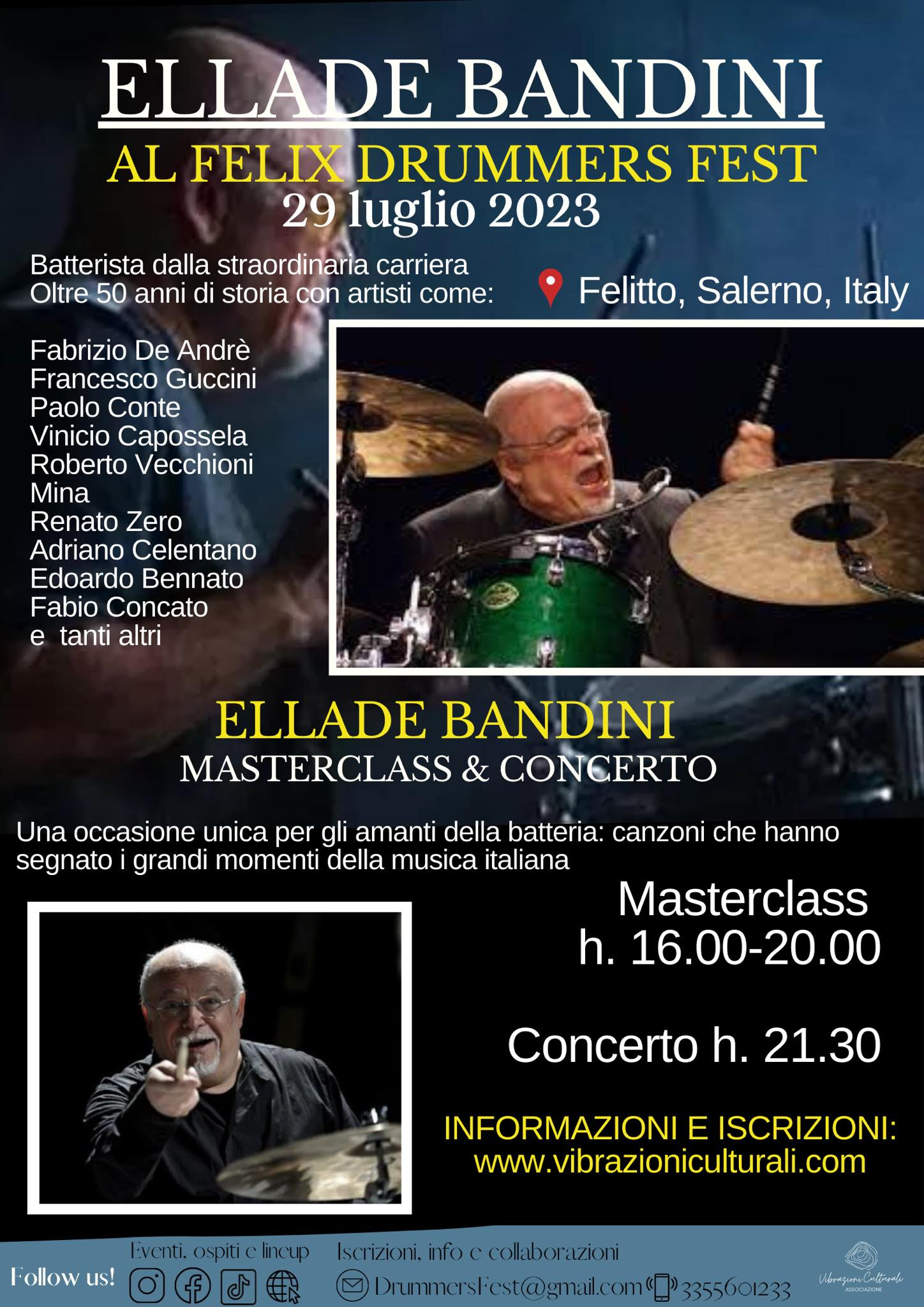 Musicista per Mina, De André, Renato Zero: la batteria di Ellade Bandini arriva al Felix Drummers Fest di Felitto