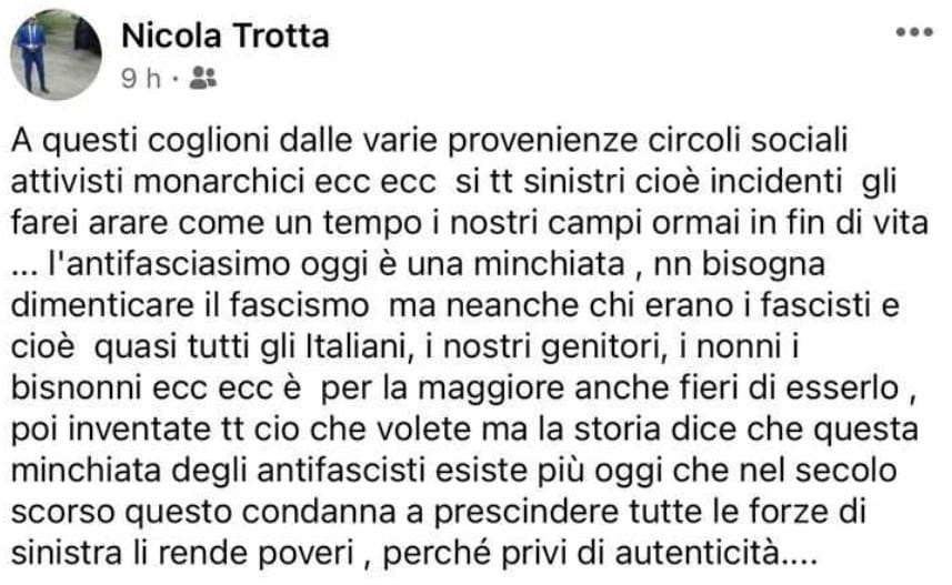 Bufera social sul post del consigliere di Sassano. Il sindaco: «Antifascismo è valore imprescindibile»