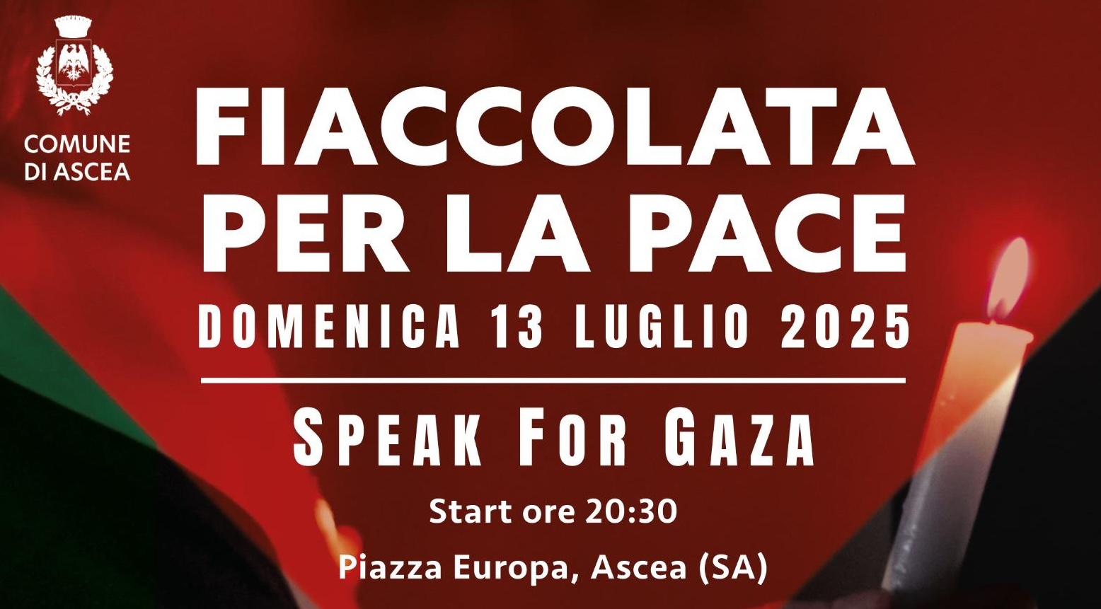 Ascea, il 13 luglio la Fiaccolata di pace «Speak per Gaza»