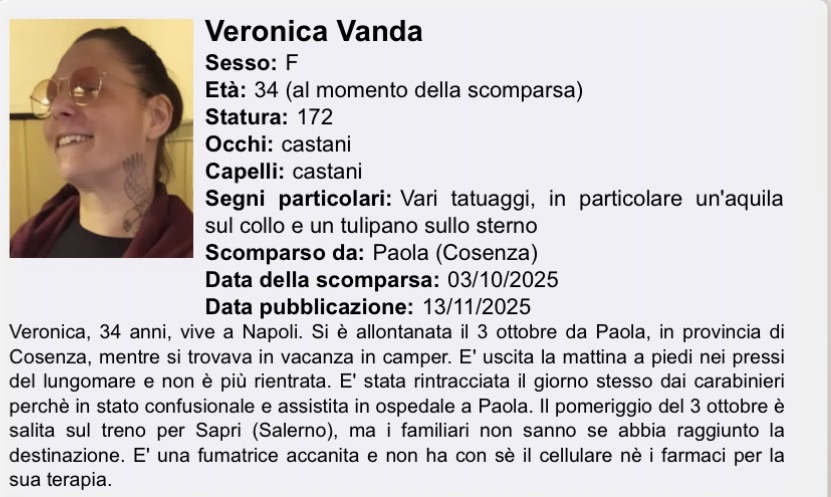 Scomparsa a Paola: Veronica, 34 anni, verso Sapri senza cellulare né farmaci