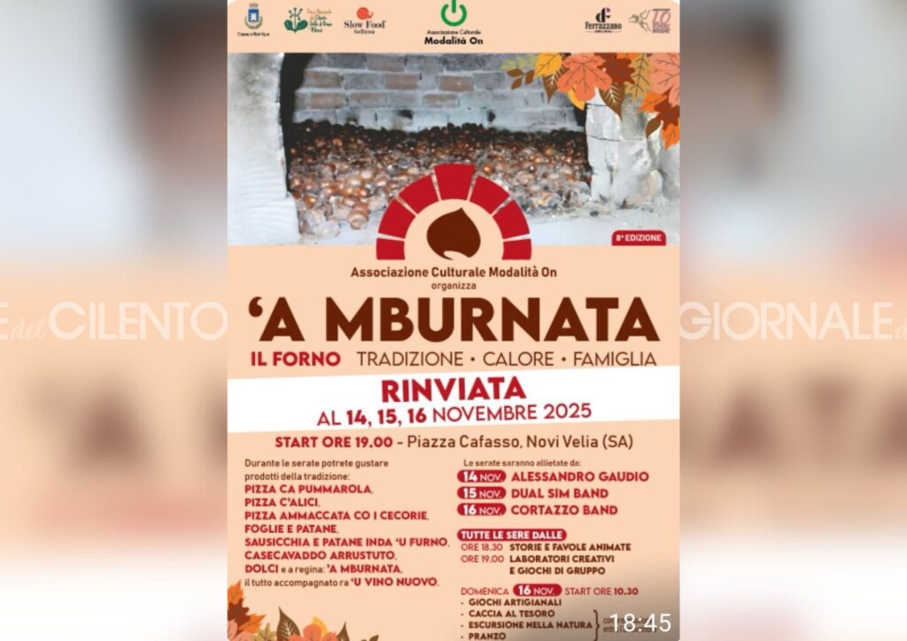 Novi Velia, l’8ª edizione di “A ’Mburnata”: dal 14 al 16 novembre sapori, musica e tradizione