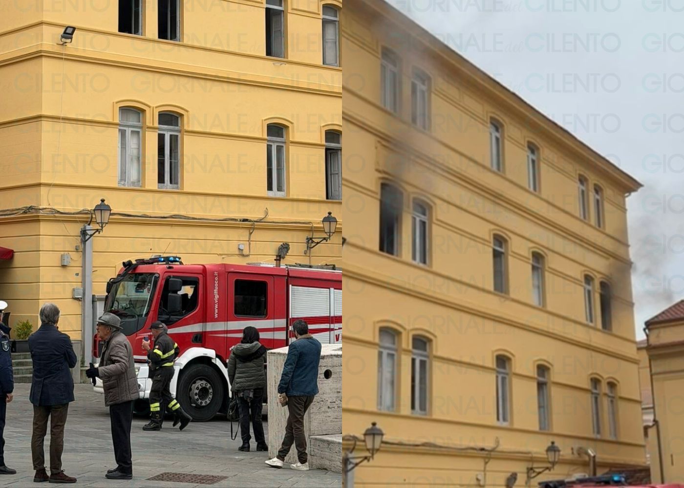 Incendio al Comune di Vallo della Lucania: fiamme dalle finestre del municipio