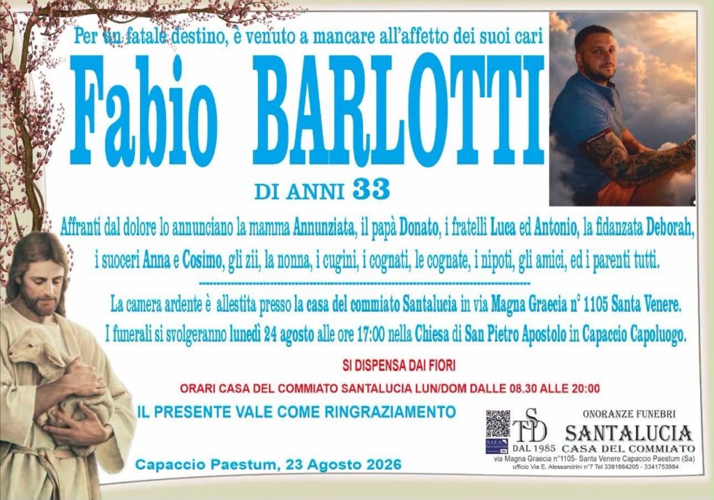 Fabio Barlotti, oggi i funerali del 33enne morto sulla SS18