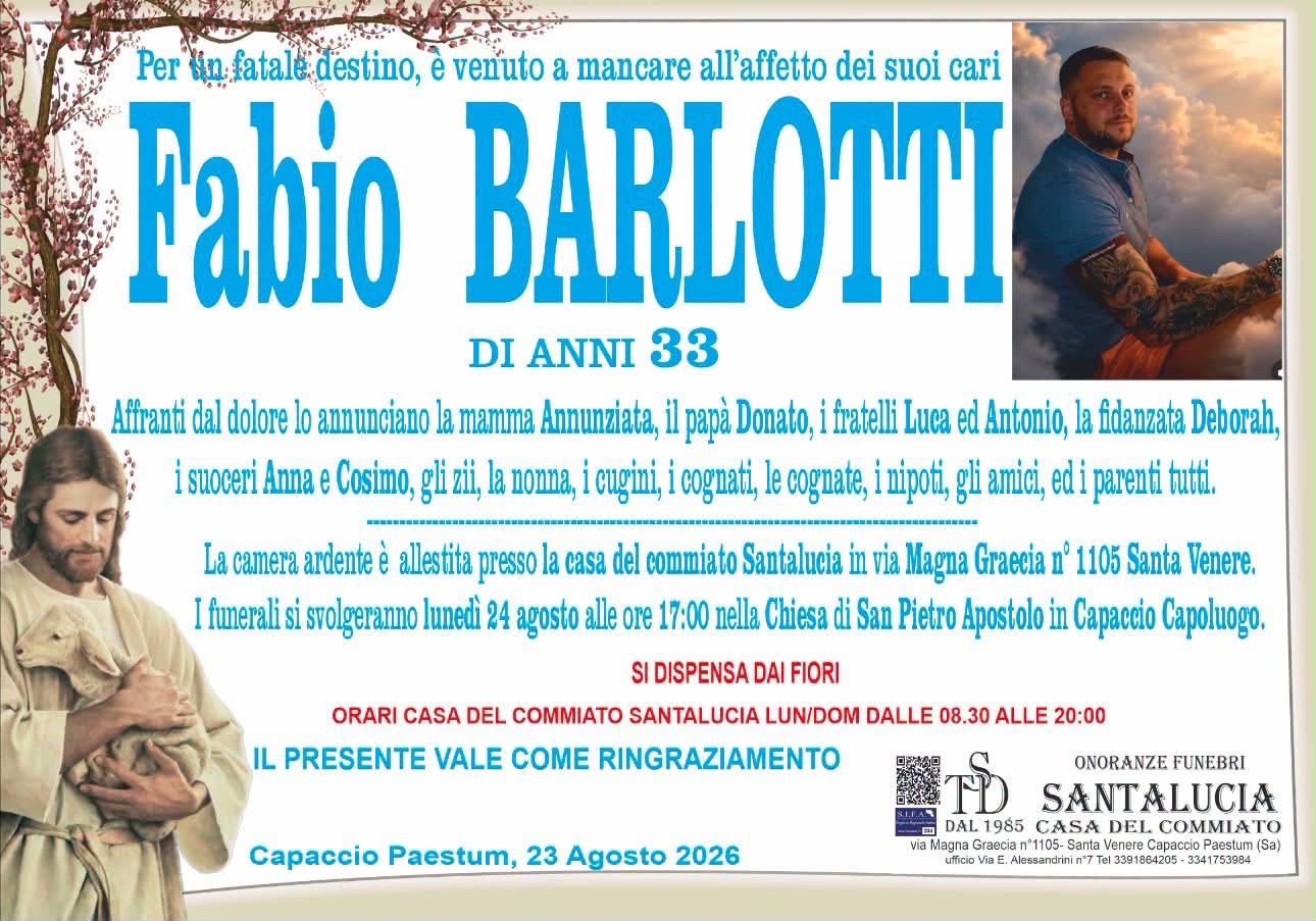 Fabio Barlotti, oggi i funerali del 33enne morto sulla SS18