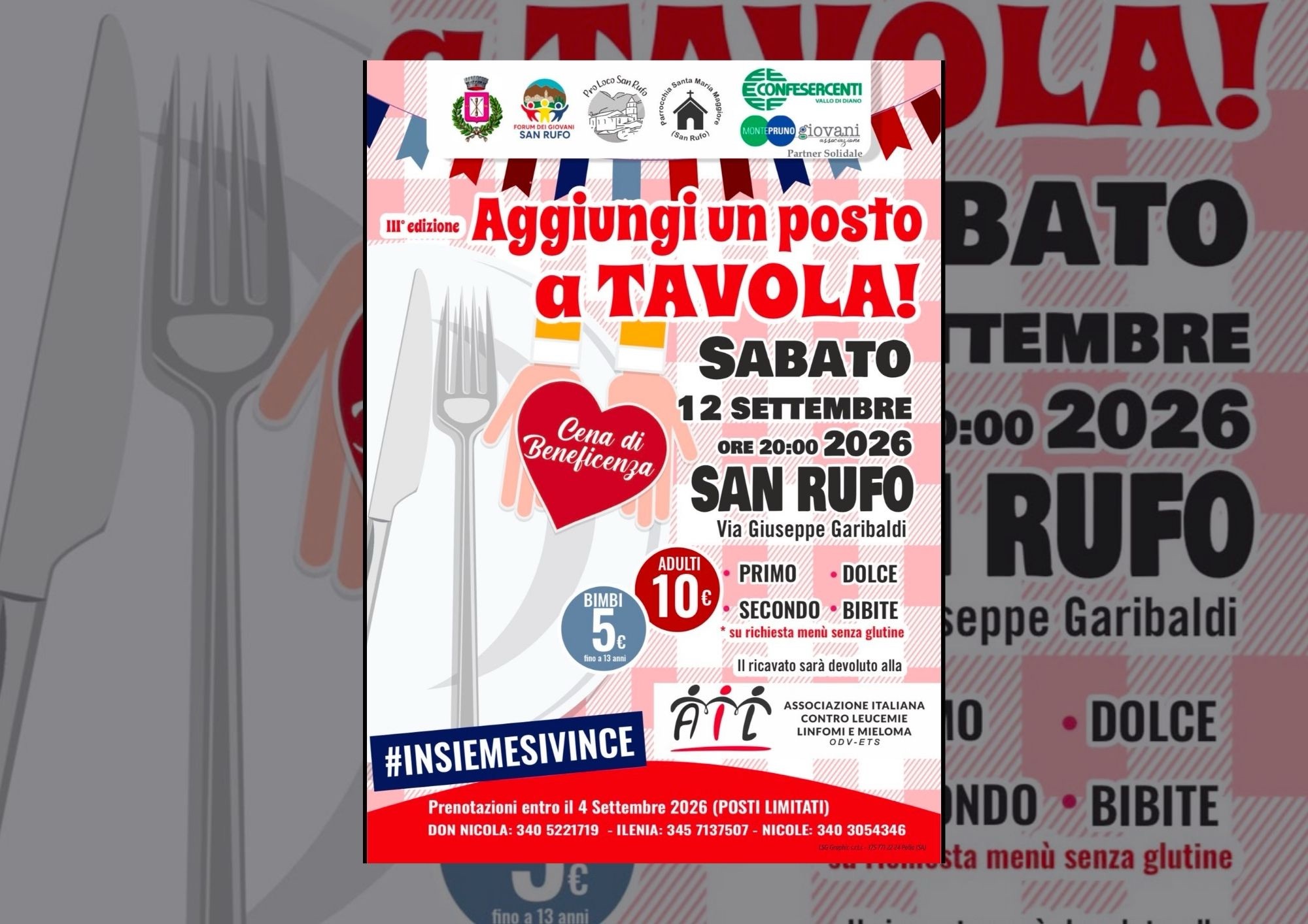 San Rufo, cena di beneficenza per l’AIL: il 12 settembre torna “Aggiungi un posto a tavola”