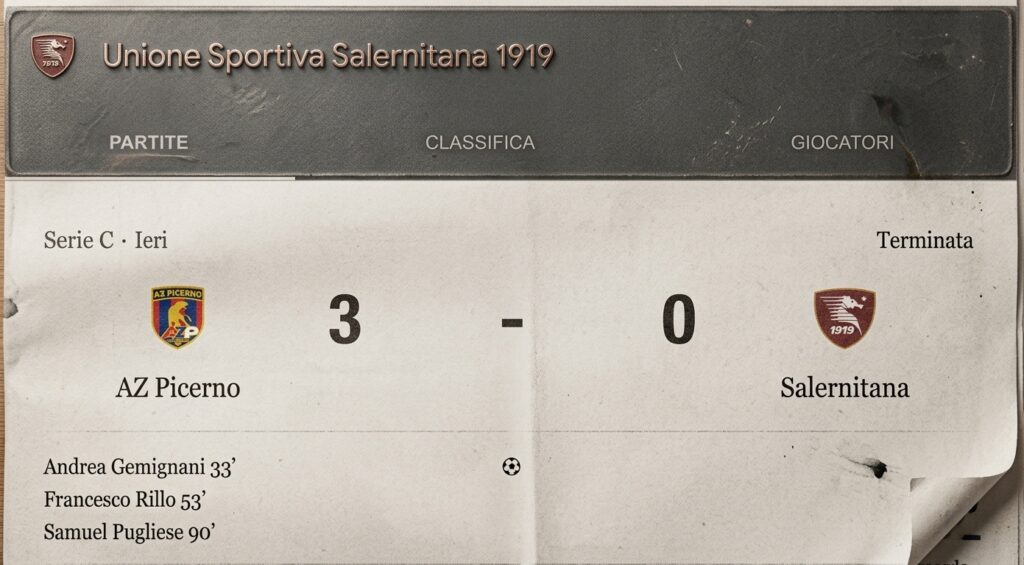 Salernitana, notte fonda a Picerno: sconfitta per 3-0