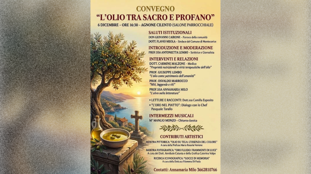“L’olio tra sacro e profano”: ad Agnone Cilento un convegno multidisciplinare tra cultura, scienza e arte