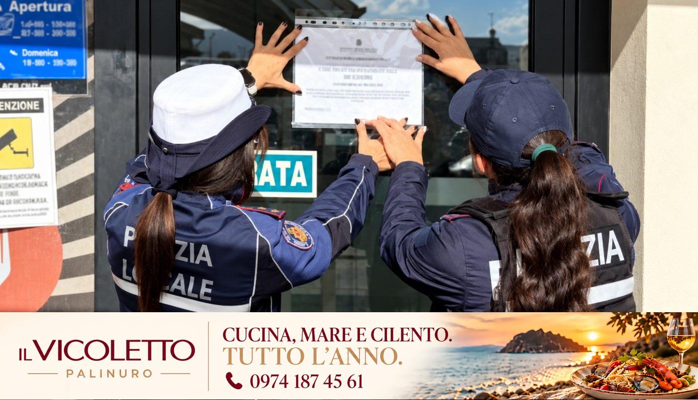 Agenti della Polizia locale affiggono un avviso, foto illustrativa non del bar interessato